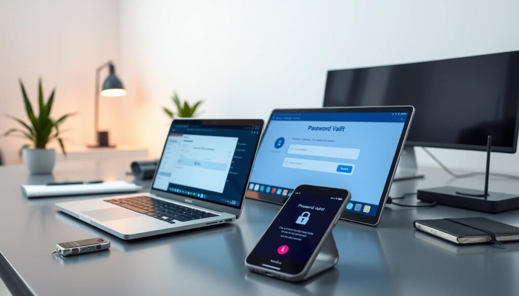 A sleek, modern office desk with an array of password management tools prominently displayed. In the foreground, a high-resolution image of a password vault app on a laptop screen, the interface clean and intuitive. On the desk, a smartphone with a password manager app, its secure login screen visible. In the middle ground, a hardware security key and a physical password journal, signifying a layered approach to password security. The background features a minimalist, well-lit workspace with subtle hints of technology - a large monitor, a charging dock, and a potted plant adding a touch of nature. The overall mood is one of efficiency, organization, and a commitment to robust cybersecurity practices.