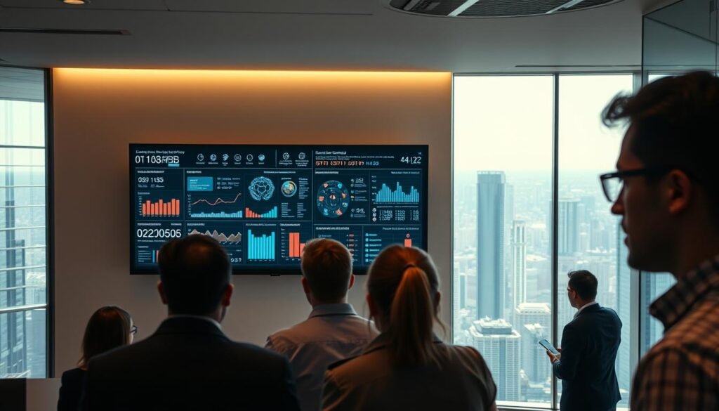 A sleek, modern office interior with a large display screen on the wall, showcasing real-time data and analytics on network activity, user behavior, and security compliance metrics. In the foreground, a group of IT professionals intently monitoring the dashboard, their expressions focused and attentive. Soft, indirect lighting casts a warm, professional glow throughout the space, while floor-to-ceiling windows offer a panoramic view of a bustling cityscape in the background. The overall atmosphere conveys a sense of diligence, control, and proactive management of the organization's IT infrastructure and security protocols.