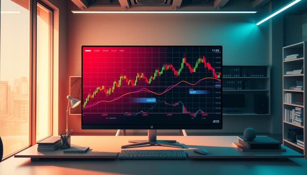 A sleek, modern office interior with a large, flat-screen monitor displaying a dynamic stock index chart. The chart is filled with vibrant, colorful lines and shapes, conveying the fluctuating performance of the index. The room is bathed in warm, directional lighting, creating a sense of focus and urgency. The monitor is positioned prominently on a clean, minimalist desk, surrounded by neatly organized office supplies and devices. The walls are lined with shelves of books and documents, hinting at the wealth of knowledge and data that underpins the index performance. The overall atmosphere is one of professionalism, technology, and the importance of data-driven decision-making.