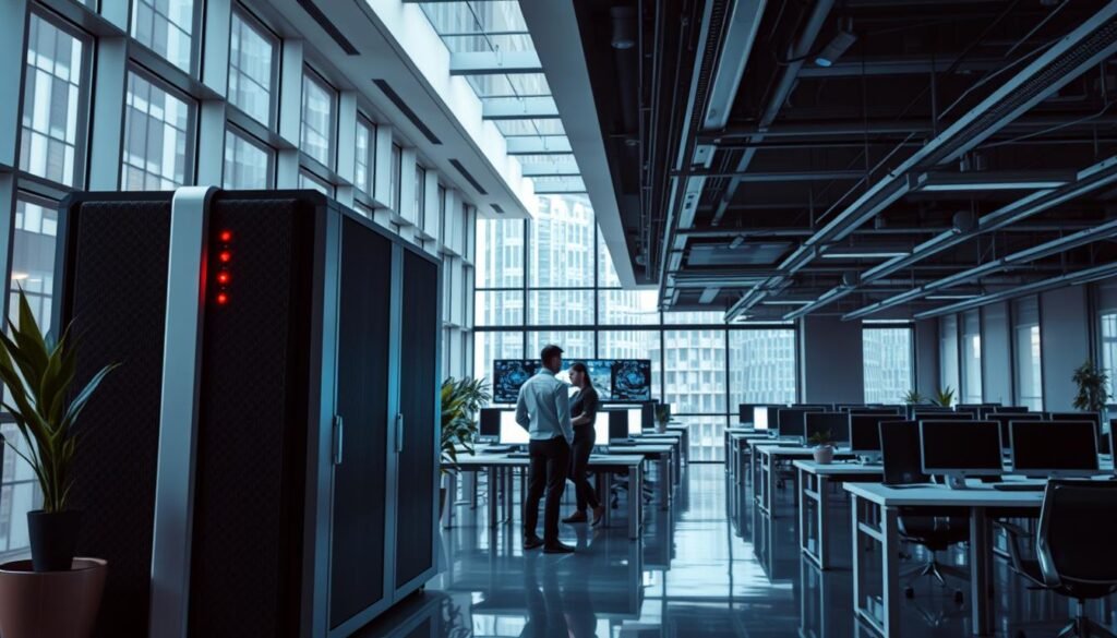 A sleek, modern office interior with a large, imposing firewall system dominating the foreground. The device is rendered in shades of silver and black, its angular design and blinking status lights conveying a sense of power and security. In the middle ground, a team of IT professionals monitors the firewall's activity on a series of high-resolution displays, their faces illuminated by the cool glow of the screens. The background showcases the rest of the office space - neat rows of desks, potted plants, and floor-to-ceiling windows that allow natural light to flood the room, creating a harmonious and professional atmosphere.