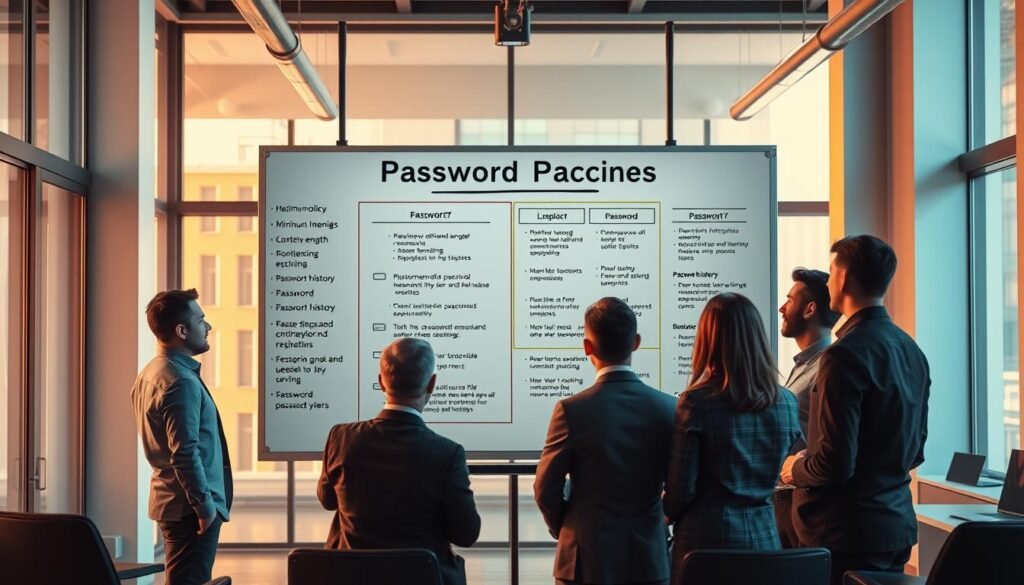A sleek, modern office interior with a large whiteboard displaying a detailed "Password Policy Best Practices" diagram. The board showcases various password guidelines such as minimum length, complexity requirements, password expiration, and password history. The room is bathed in warm, natural lighting from floor-to-ceiling windows, creating a professional and productive atmosphere. In the foreground, a team of business executives and IT professionals are intently studying the whiteboard, engaged in a collaborative discussion about improving their organization's password security policies.