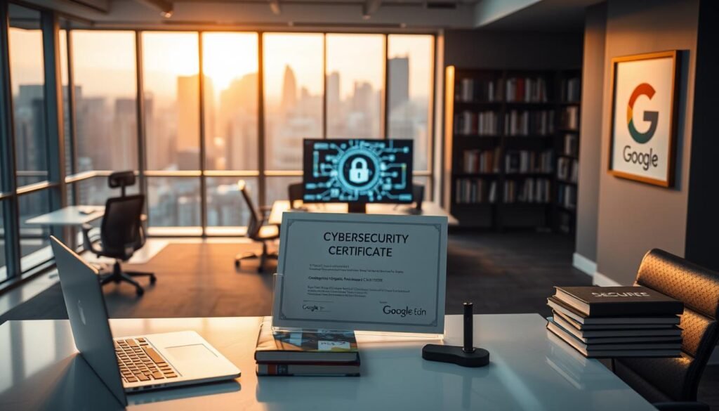 A sleek, modern office interior with floor-to-ceiling windows overlooking a cityscape. In the foreground, a stylish desk with a laptop, a stack of books, and a Google cybersecurity certificate prominently displayed. The lighting is soft and warm, creating a professional yet inviting atmosphere. The middle ground features ergonomic office chairs and a large monitor displaying a secure network diagram. In the background, a bookshelf filled with cybersecurity literature and a framed Google logo on the wall, subtly reinforcing the subject matter. The overall composition suggests a setting where the Google cybersecurity certificate could be put to practical use, showcasing its potential value and relevance.