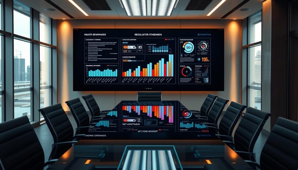 A sleek, modern office interior with floor-to-ceiling windows, showcasing a striking visual representation of "compliance and regulatory standards". In the foreground, a glass-topped conference table surrounded by ergonomic chairs, symbolizing the collaborative nature of regulatory oversight. The middle ground features a wall-mounted display panel presenting a detailed data visualization of industry benchmarks and best practices. The background is bathed in warm, diffused lighting, creating a professional and authoritative atmosphere. The overall composition conveys a sense of transparency, order, and a commitment to upholding rigorous compliance protocols.