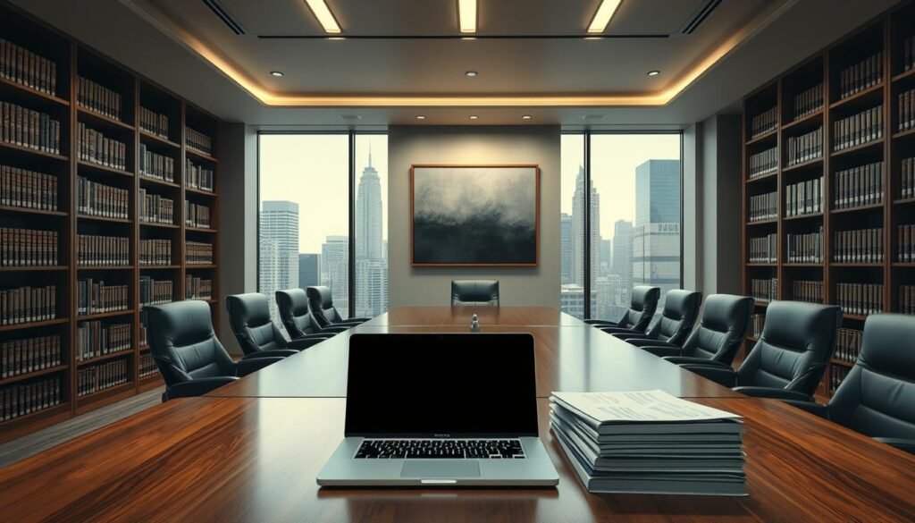A sleek, modern office interior with large windows overlooking a bustling city skyline. Warm, diffused lighting illuminates a spacious conference room with a long, polished wooden table and ergonomic leather chairs. Bookshelves line the walls, filled with law volumes and legal reference materials. A striking minimalist artwork hangs on the wall, complementing the clean, professional aesthetic. In the foreground, a laptop and a stack of legal documents sit neatly arranged, symbolizing the intersection of technology and the legal environment. The atmosphere conveys a sense of intellectual rigor, authority, and ethical compliance. A sleek, modern office interior with large windows overlooking a bustling city skyline. Warm, diffused lighting illuminates a spacious conference room with a long, polished wooden table and ergonomic leather chairs. Bookshelves line the walls, filled with law volumes and legal reference materials. A striking minimalist artwork hangs on the wall, complementing the clean, professional aesthetic. In the foreground, a laptop and a stack of legal documents sit neatly arranged, symbolizing the intersection of technology and the legal environment. The atmosphere conveys a sense of intellectual rigor, authority, and ethical compliance.