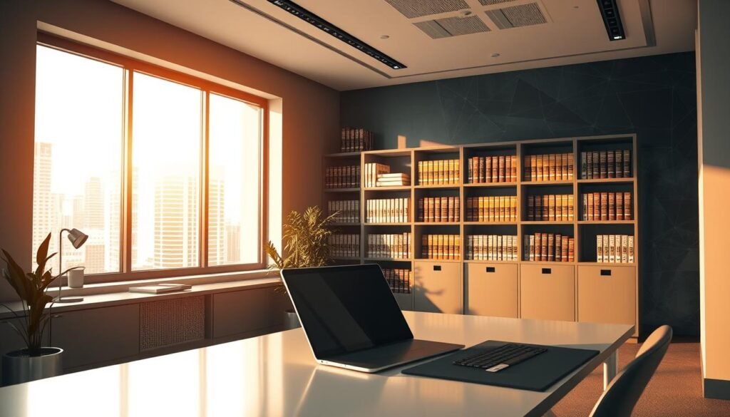 A sleek, modern office interior with large windows that let in warm, natural lighting. In the foreground, a desk with a laptop and tablet, symbolic of data processing and storage. Minimalist decor, clean lines, and a sense of order convey the idea of compliance and regulation. In the middle ground, a bookshelf filled with legal volumes and reference materials, hinting at the importance of data protection policies. The background features abstract geometric shapes, evoking the secure, digital nature of data management. The overall scene exudes a sense of professionalism, attention to detail, and a commitment to data protection best practices.