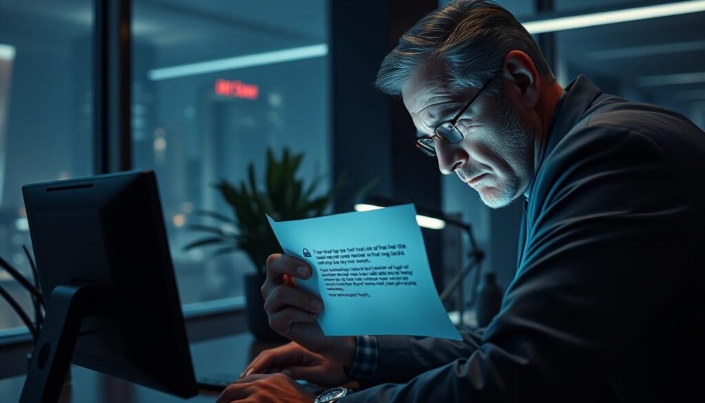 A sleek, modern office setting with a desk, computer, and discreet phishing attempt disguised as a legitimate email. The foreground shows a concerned, middle-aged professional examining the suspicious message, brow furrowed in concentration. Subtle lighting from the computer screen casts a cool, eerie glow, creating an atmosphere of unease. The mid-ground depicts the office details - a potted plant, a stylish desk lamp, and a nameplate on the desk. The background is slightly blurred, hinting at the bustling city beyond the office windows. The overall scene conveys the theme of how modern scams can be deceptively difficult to detect. A sleek, modern office setting with a desk, computer, and discreet phishing attempt disguised as a legitimate email. The foreground shows a concerned, middle-aged professional examining the suspicious message, brow furrowed in concentration. Subtle lighting from the computer screen casts a cool, eerie glow, creating an atmosphere of unease. The mid-ground depicts the office details - a potted plant, a stylish desk lamp, and a nameplate on the desk. The background is slightly blurred, hinting at the bustling city beyond the office windows. The overall scene conveys the theme of how modern scams can be deceptively difficult to detect.