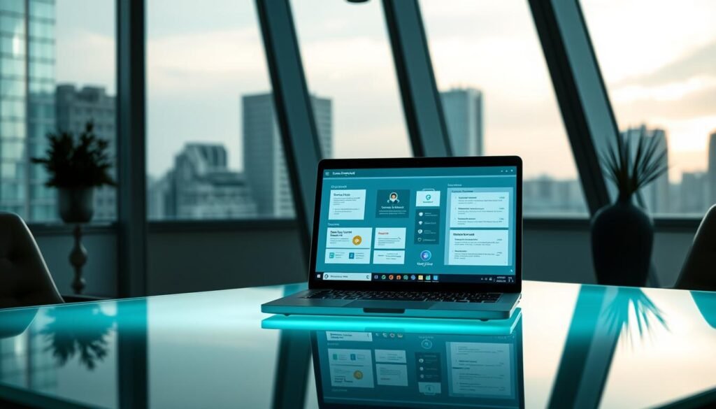 A sleek, modern office setting with a laptop display showcasing various email data loss prevention tools. The laptop is positioned on a minimalist, glass-topped desk, illuminated by soft, directional lighting from above. In the background, a large, floor-to-ceiling window overlooks a cityscape, providing a sense of depth and context. The tools displayed on the laptop screen feature intuitive user interfaces, with icons and visual elements that convey their data protection capabilities. The overall scene exudes a sense of professionalism, security, and technological sophistication, setting the stage for the "Leveraging Email Data Loss Prevention (DLP) Tools" section of the article.