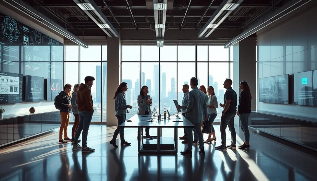 A sleek, modern office setting with a large, open floor plan. In the foreground, a group of young professionals dressed in casual but professional attire are gathered around a conference table, engaged in a lively discussion. The lighting is bright and natural, filtering in through large windows that offer a view of a bustling city skyline in the background. On the walls, there are displays showcasing various cybersecurity tools and technologies. The atmosphere is one of collaboration, innovation, and a sense of excitement about the possibilities in the field of entry-level cybersecurity. The camera angle is slightly elevated, providing a panoramic view of the scene. A sleek, modern office setting with a large, open floor plan. In the foreground, a group of young professionals dressed in casual but professional attire are gathered around a conference table, engaged in a lively discussion. The lighting is bright and natural, filtering in through large windows that offer a view of a bustling city skyline in the background. On the walls, there are displays showcasing various cybersecurity tools and technologies. The atmosphere is one of collaboration, innovation, and a sense of excitement about the possibilities in the field of entry-level cybersecurity. The camera angle is slightly elevated, providing a panoramic view of the scene.