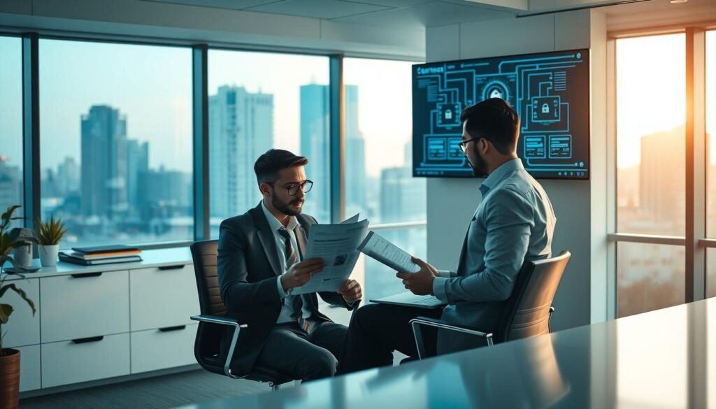 A sleek, modern office setting with a minimalist design. In the foreground, a recruiter sits at a desk, laptop open, reviewing a candidate's resume. The candidate, dressed professionally, is engaged in a confident, thoughtful discussion. The background features a large window overlooking a cityscape, casting a warm, natural light throughout the room. Subtle cybersecurity-themed elements, such as a wall-mounted monitor displaying secure network diagrams, add context. The overall atmosphere conveys a sense of professionalism, expertise, and the high-stakes nature of the cybersecurity job interview process. A sleek, modern office setting with a minimalist design. In the foreground, a recruiter sits at a desk, laptop open, reviewing a candidate's resume. The candidate, dressed professionally, is engaged in a confident, thoughtful discussion. The background features a large window overlooking a cityscape, casting a warm, natural light throughout the room. Subtle cybersecurity-themed elements, such as a wall-mounted monitor displaying secure network diagrams, add context. The overall atmosphere conveys a sense of professionalism, expertise, and the high-stakes nature of the cybersecurity job interview process.