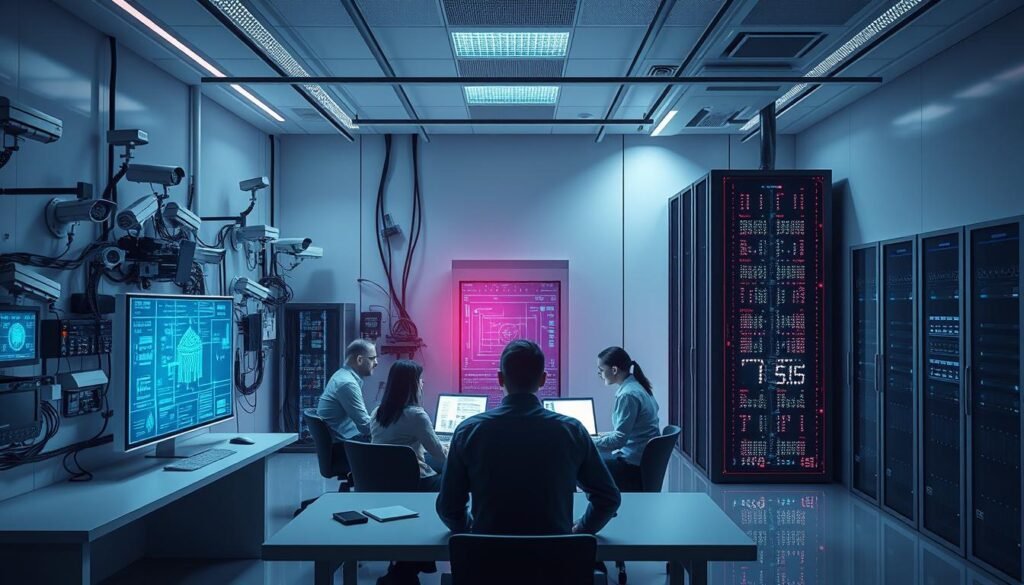 A sleek, modern office setting. In the foreground, a team of cybersecurity professionals gathered around a table, intently studying data displayed on a large holographic screen. The middle ground features an array of security cameras, motion detectors, and access control panels, all connected to a central monitoring station. In the background, a towering server rack stands, its blinking lights and humming fans symbolizing the technological backbone of the insider threat program. Soft, directional lighting casts a professional, authoritative atmosphere, while the clean, minimalist design evokes a sense of order and control. The overall scene conveys the gravity and importance of this critical security initiative.