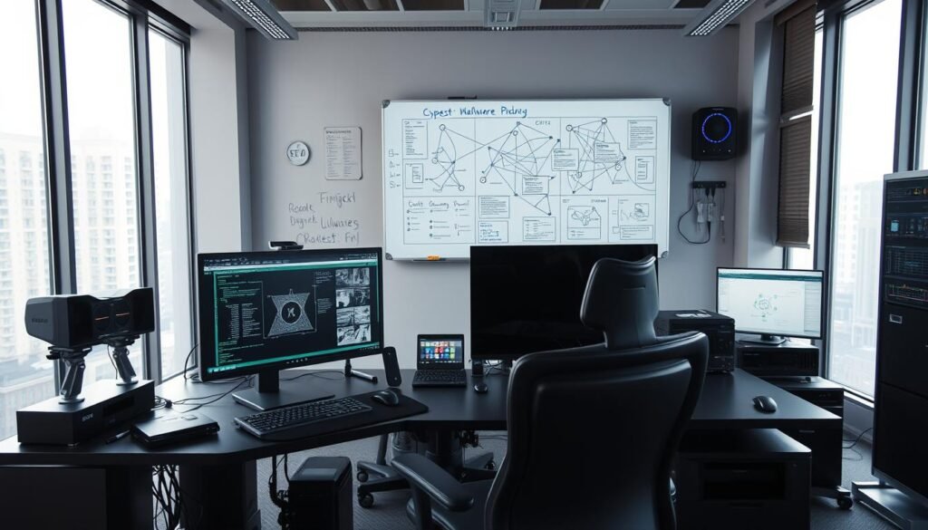 A sleek, modern office setup showcasing a sandbox environment for malware analysis. In the foreground, a stylish dual-monitor workstation with a powerful desktop computer, neatly organized cables, and an ergonomic chair. In the middle ground, a large whiteboard displays complex network diagrams and analysis notes, with various cybersecurity tools and equipment nearby. The background features floor-to-ceiling windows, allowing natural light to flood the space and create a bright, airy atmosphere. The overall scene conveys a sense of professionalism, attention to detail, and a dedicated focus on the task of understanding and mitigating malware threats. A sleek, modern office setup showcasing a sandbox environment for malware analysis. In the foreground, a stylish dual-monitor workstation with a powerful desktop computer, neatly organized cables, and an ergonomic chair. In the middle ground, a large whiteboard displays complex network diagrams and analysis notes, with various cybersecurity tools and equipment nearby. The background features floor-to-ceiling windows, allowing natural light to flood the space and create a bright, airy atmosphere. The overall scene conveys a sense of professionalism, attention to detail, and a dedicated focus on the task of understanding and mitigating malware threats.