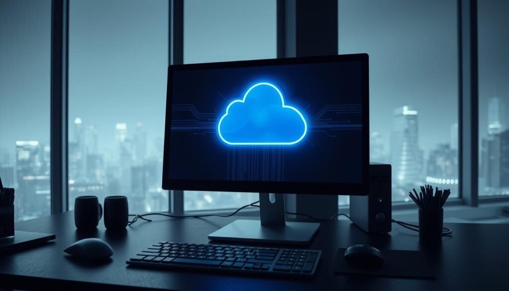 A sleek, modern office setup with a desktop computer, keyboard, and mouse, all in muted tones. On the screen, a prominent OneDrive logo is displayed, surrounded by a glowing, neon-like effect, signifying the power of cloud-based data recovery. The lighting is soft and diffused, creating a sense of tranquility and focus. In the background, a cityscape is visible through a large window, adding depth and a subtle urban atmosphere. The overall mood is one of confidence and technological prowess, reflecting the article's theme of protecting a Windows system from ransomware using the resilience of OneDrive.