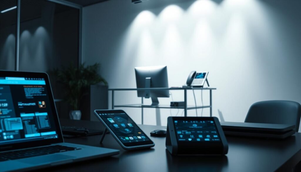 A sleek, modern office with various endpoint devices prominently displayed. In the foreground, a laptop, tablet, and smartphone are neatly arranged, their screens illuminated with digital interfaces. In the middle ground, a desktop computer and IP phone sit on a minimalist, steel-framed desk, casting soft, directional lighting. The background features a clean, white wall with subtle shadows, suggesting a professional, corporate atmosphere. The scene conveys a sense of technological integration and the importance of securing these diverse endpoint devices in a business setting.