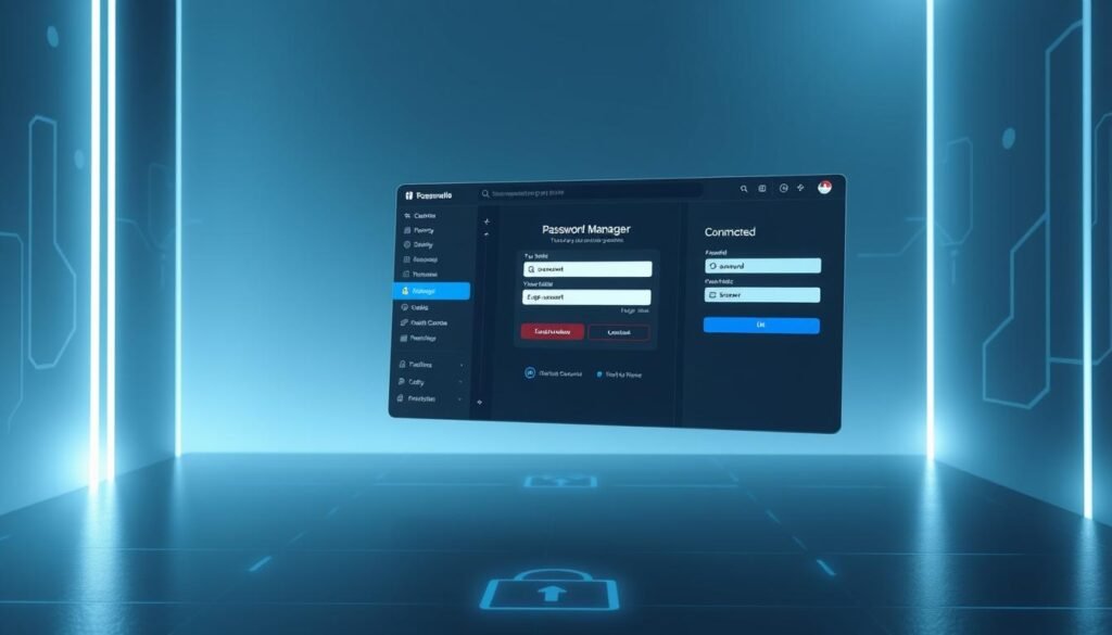 A sleek, modern password manager software interface floating in a serene, minimalist digital environment. The foreground features a clean, intuitive dashboard with a password vault, autofill options, and secure login fields. The middle ground showcases a seamless integration with online accounts, web browsers, and mobile devices. The background evokes a sense of digital security and privacy, with subtle geometric patterns and a muted color palette conveying a professional, trustworthy atmosphere. Soft, diffused lighting creates a sense of depth and elegance, while the overall composition emphasizes the password manager's role as a reliable, user-friendly tool for safeguarding digital identities.