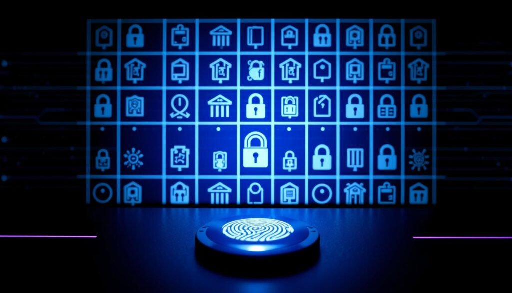 A sleek, modern security interface with a minimalist design. In the foreground, a fingerprint scanner glows softly, its surface smooth and reflective. The background features a clean, linear grid of authentication icons, representing various security protocols like biometrics, two-factor authentication, and encryption. The lighting is cool and directional, casting sharp shadows and highlights that accentuate the technological aesthetic. The overall mood is one of strength, reliability, and attention to detail - essential qualities for robust authentication mechanisms that protect against bypass vulnerabilities.