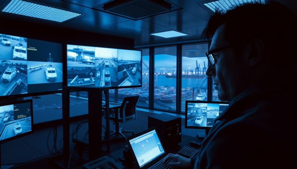 A sleek, modern security monitoring room with multiple large display screens showing real-time video feeds from various security cameras around a busy port. The room is dimly lit, with a cool, bluish tint to the lighting, creating a serious, high-tech atmosphere. In the foreground, a security analyst closely monitors the screens, their face illuminated by the glow of the displays. Sophisticated network equipment and cable management systems are visible in the middle ground, while the background showcases the bustling activity of the port, with ships, cranes, and containers visible through large windows.
