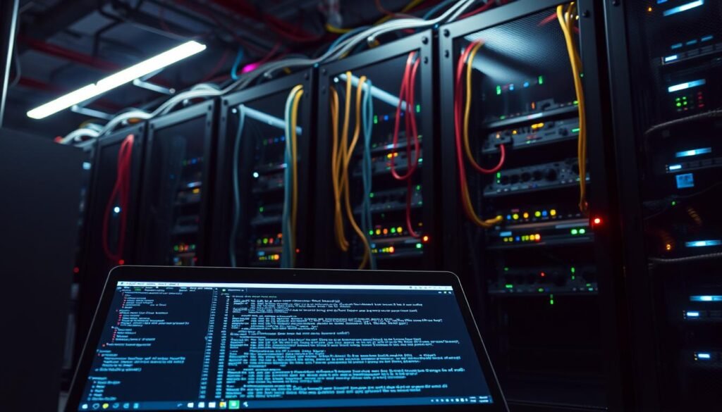 A sleek, modern server rack stands in a dimly lit data center. Colorful cables and glowing status lights crisscross the metal framework, conveying a sense of complex, interconnected systems. In the foreground, a laptop screen displays lines of code, highlighting the importance of secure web application development. Soft, directional lighting illuminates the scene, casting dynamic shadows that hint at the vulnerabilities lurking in the digital landscape. The atmosphere exudes a sense of technological prowess, tempered by the ever-present need for vigilance against potential threats to the framework's integrity. A sleek, modern server rack stands in a dimly lit data center. Colorful cables and glowing status lights crisscross the metal framework, conveying a sense of complex, interconnected systems. In the foreground, a laptop screen displays lines of code, highlighting the importance of secure web application development. Soft, directional lighting illuminates the scene, casting dynamic shadows that hint at the vulnerabilities lurking in the digital landscape. The atmosphere exudes a sense of technological prowess, tempered by the ever-present need for vigilance against potential threats to the framework's integrity.
