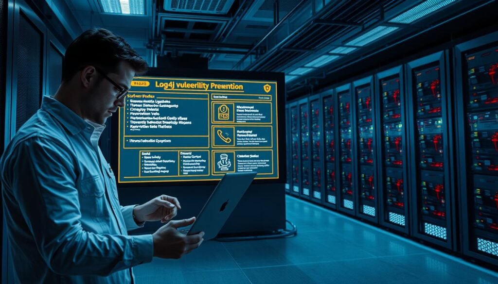 A sleek, modern server room with state-of-the-art security measures in place. In the foreground, a network engineer examines a laptop, carefully analyzing Log4j vulnerability data. The middle ground showcases a large display screen, illustrating various prevention strategies - software updates, firewall configurations, and intrusion detection systems. The background features a grid of interconnected servers, their status lights blinking steadily, conveying a sense of vigilant protection. Soft, directional lighting illuminates the scene, creating a professional, high-tech atmosphere. The overall image communicates a proactive, comprehensive approach to safeguarding against the Log4j vulnerability. A sleek, modern server room with state-of-the-art security measures in place. In the foreground, a network engineer examines a laptop, carefully analyzing Log4j vulnerability data. The middle ground showcases a large display screen, illustrating various prevention strategies - software updates, firewall configurations, and intrusion detection systems. The background features a grid of interconnected servers, their status lights blinking steadily, conveying a sense of vigilant protection. Soft, directional lighting illuminates the scene, creating a professional, high-tech atmosphere. The overall image communicates a proactive, comprehensive approach to safeguarding against the Log4j vulnerability.