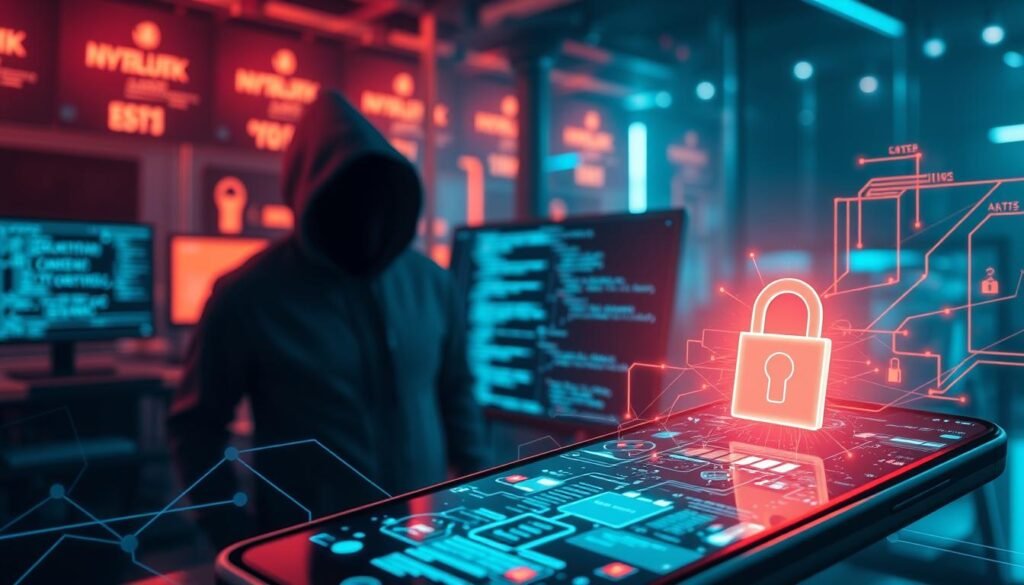 A sleek, modern smartphone display showcasing a complex web of interconnected cybersecurity elements. In the foreground, a secure lock icon and a network diagram pulsate with digital energy, hinting at the crucial importance of mobile app security. The middle ground features a developer's workspace, with lines of code cascading across multiple screens, illuminated by cool, clinical lighting. In the background, a shadowy figure in a hooded jacket lurks, representing the ever-present threat of malicious actors. The atmosphere is tense, underscoring the high stakes involved in mobile application security and the need for vigilant ethical hacking practices.