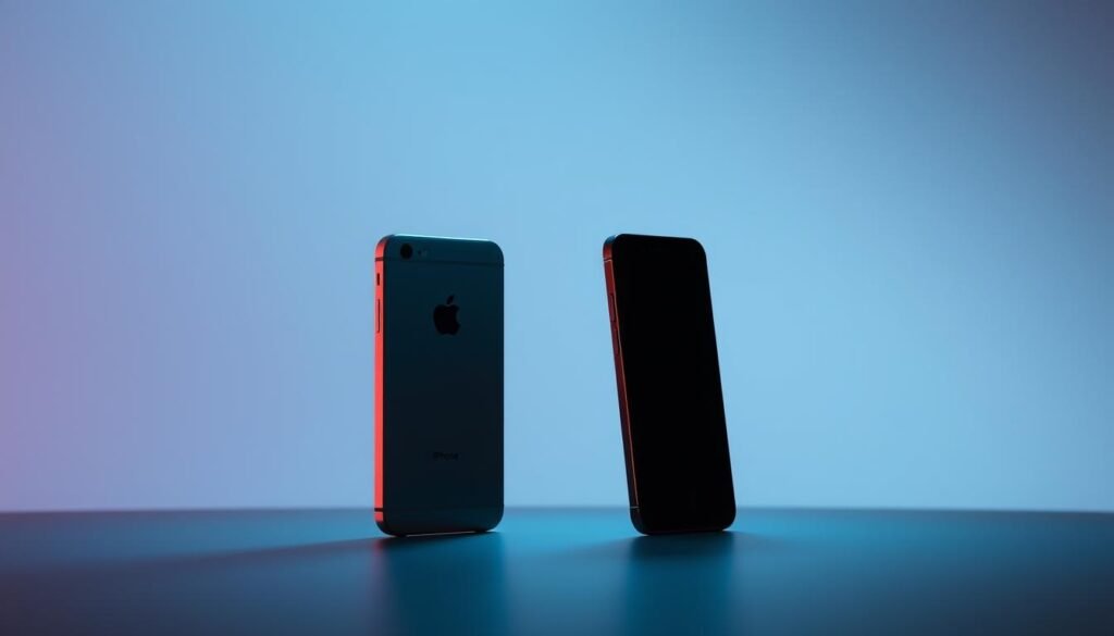 A sleek, modern smartphone display showcasing the contrasting user interfaces of iOS and Android. In the center, the silhouettes of a silver iPhone and a black Android device stand side-by-side, illuminated by cool, directional lighting that emphasizes their distinct designs. The background fades into a soft, muted gradient, creating a sense of focus on the devices. Subtle digital glyphs and wireframe elements suggest the underlying security features and capabilities of these two dominant mobile operating systems.