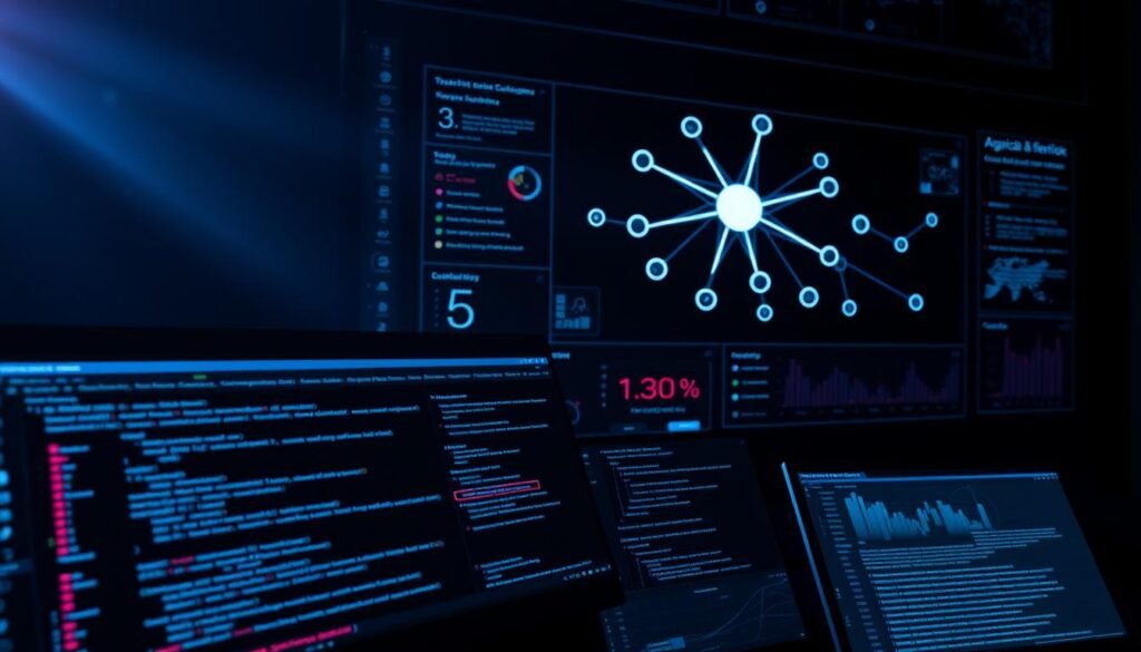 A sleek, modern software interface with a dark, minimalist aesthetic. In the foreground, a series of command lines and terminal windows, showcasing code snippets and security-focused annotations. In the middle ground, a central dashboard displaying real-time threat monitoring and risk mitigation statistics, with intuitive data visualizations. The background features a network diagram, illustrating the interconnected systems and potential entry points that must be secured. Dramatic, high-contrast lighting casts strategic shadows, emphasizing the gravity of the task at hand. The overall atmosphere conveys a sense of vigilance, technical expertise, and a steadfast commitment to proactive cybersecurity.