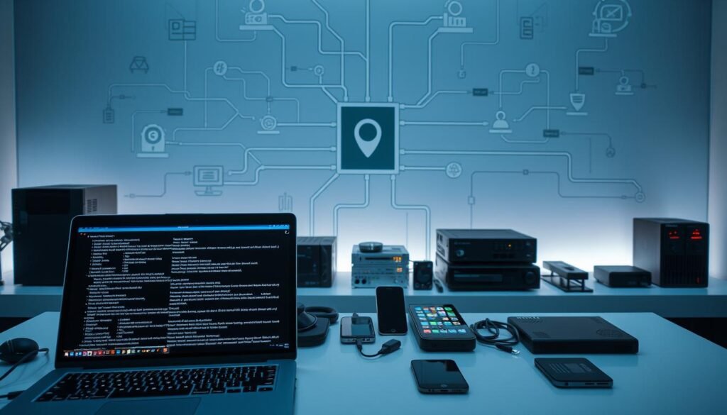 A sleek, modern technology-themed workspace showcasing various ethical hacking platforms. In the foreground, a laptop displaying a terminal interface with lines of code, surrounded by cybersecurity-related icons and symbols. In the middle ground, a variety of devices like smartphones, tablets, and networking equipment, all arranged neatly on a minimalist desk. The background features a minimalist, high-contrast wall with a stylized graphic depicting data flows, firewalls, and network topologies, creating a sense of depth and technical complexity. The lighting is soft and diffused, creating a calm, focused atmosphere, emphasizing the importance of these ethical hacking tools and platforms. A sleek, modern technology-themed workspace showcasing various ethical hacking platforms. In the foreground, a laptop displaying a terminal interface with lines of code, surrounded by cybersecurity-related icons and symbols. In the middle ground, a variety of devices like smartphones, tablets, and networking equipment, all arranged neatly on a minimalist desk. The background features a minimalist, high-contrast wall with a stylized graphic depicting data flows, firewalls, and network topologies, creating a sense of depth and technical complexity. The lighting is soft and diffused, creating a calm, focused atmosphere, emphasizing the importance of these ethical hacking tools and platforms.