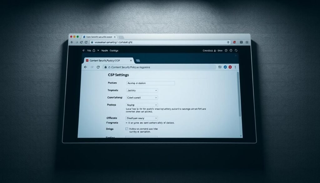 A sleek, modern web browser window displays a Content Security Policy (CSP) configuration, its settings meticulously arranged against a backdrop of a subtle, textured gray wall. The browser interface features clean, minimalist design elements, allowing the CSP details to take center stage. The lighting is soft and diffused, creating a sense of depth and highlighting the technical information on the screen. The angle is slightly tilted, giving the viewer a professional, authoritative perspective on the security-focused content. The overall atmosphere conveys a sense of diligence, control, and technological sophistication, fitting the theme of "Clickjacking prevention with server-side controls".