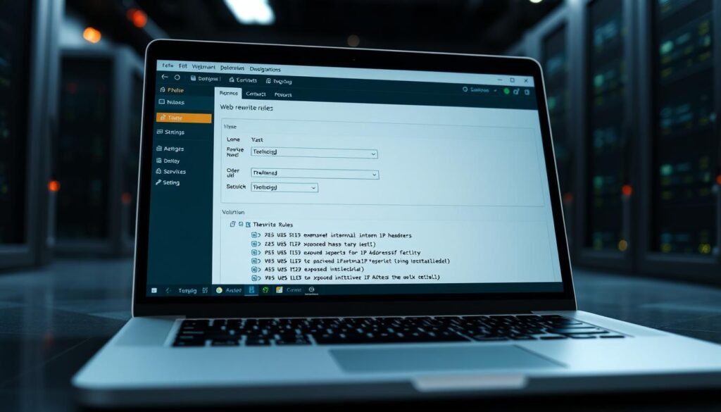 A sleek, modern web server configuration panel displayed on a laptop screen. The interface features a clean, minimalist design with intuitive navigation menus and configuration settings. In the foreground, a series of URL rewrite rules are prominently displayed, showcasing the ability to mask or remove exposed internal IP addresses from HTTP headers. The background subtly depicts a data center environment, with server racks and blinking indicator lights, creating a technical and professional atmosphere. The lighting is soft and diffused, accentuating the screen's details and providing a sense of depth and clarity. The camera angle is slightly elevated, giving the viewer a comprehensive overview of the web server configuration process. A sleek, modern web server configuration panel displayed on a laptop screen. The interface features a clean, minimalist design with intuitive navigation menus and configuration settings. In the foreground, a series of URL rewrite rules are prominently displayed, showcasing the ability to mask or remove exposed internal IP addresses from HTTP headers. The background subtly depicts a data center environment, with server racks and blinking indicator lights, creating a technical and professional atmosphere. The lighting is soft and diffused, accentuating the screen's details and providing a sense of depth and clarity. The camera angle is slightly elevated, giving the viewer a comprehensive overview of the web server configuration process.