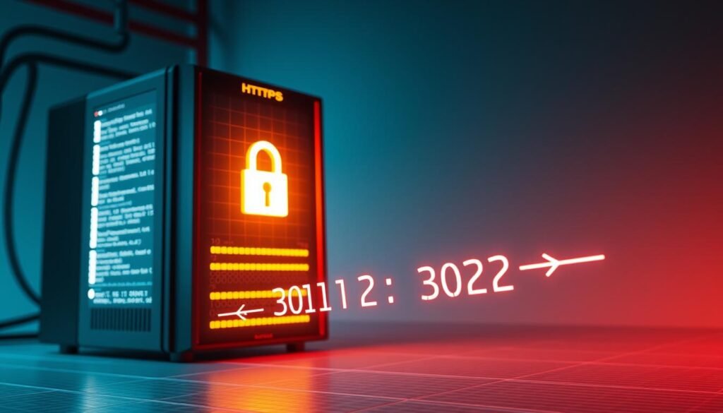 A sleek, modern web server with an HTTPS lock icon prominently displayed, casting a warm, authoritative glow. In the foreground, a series of HTTP status codes representing various redirect protocols - 301, 302, 307 - floating in the air, their lines and arrows guiding the viewer's eye. The background is a minimalist, gradient-based environment, with a subtle grid pattern hinting at the underlying network infrastructure. The overall mood is one of security, control, and technological sophistication, conveying the importance of properly configured HTTPS redirects in achieving a truly secure web presence.