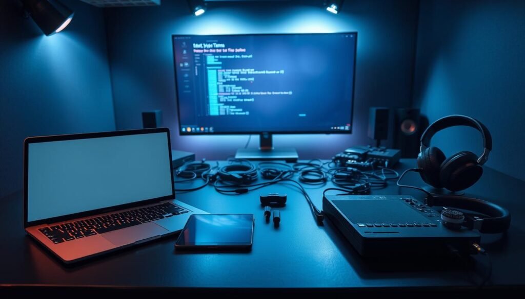 A sleek, modern workspace with an array of cybersecurity tools on a dark, minimalist table. In the foreground, a laptop, a tablet, and a high-tech-looking device, possibly a network sniffer or a vulnerability scanner. In the middle ground, various cables, adapters, and a pair of stylish black headphones. The background features a large display screen, casting a soft, ambient glow across the scene. The lighting is dramatic, with a mix of directional spotlights and subtle ambient illumination, creating a sense of depth and emphasis on the tools. The overall mood is one of focused, professional-grade cybersecurity operations, ready to support both red and blue team activities.