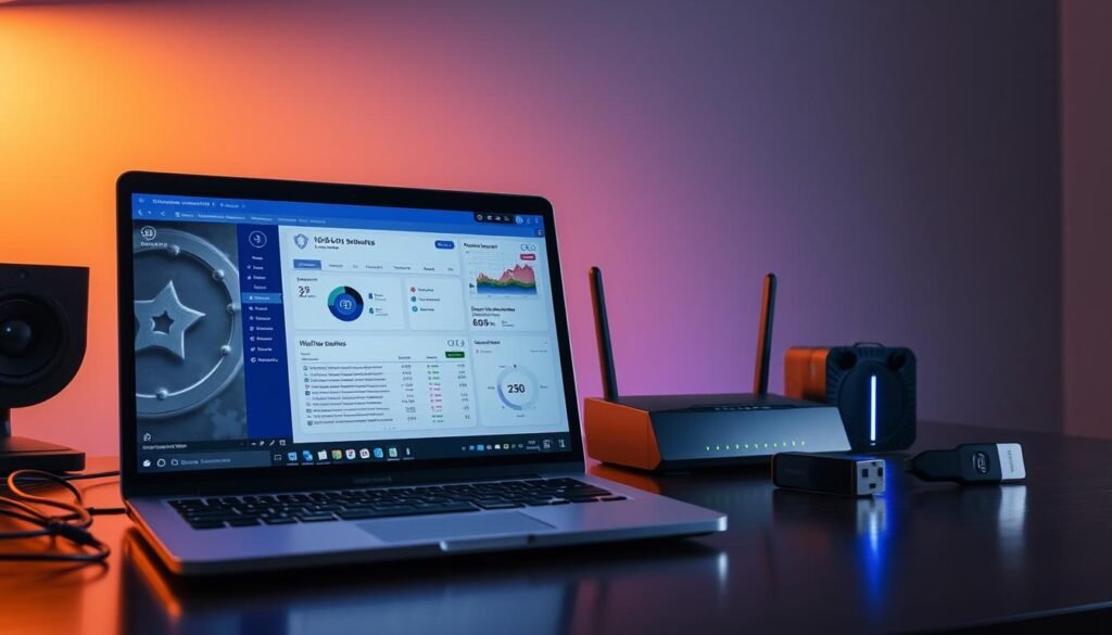 A sleek, modern workspace with multiple open source security tools prominently displayed. In the foreground, a high-resolution laptop screen showcases a cybersecurity dashboard, its interface crisp and intuitive. In the middle ground, various hardware devices like a network router, a secure USB drive, and a hardware security key are neatly arranged, their surfaces reflecting the warm, directional lighting. The background features a minimalist, monochromatic wall, creating a clean, professional atmosphere. The overall scene conveys a sense of organization, efficiency, and a focus on robust, open source cybersecurity solutions.