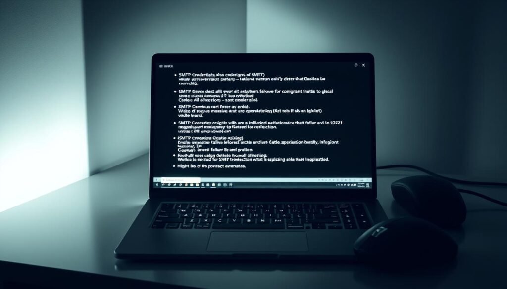 A sleek, monochrome desktop setup with a laptop, keyboard, and mouse. On the laptop's screen, a series of SMTP error messages are displayed, highlighting various technical issues like invalid credentials, server timeouts, and connection failures. The scene is bathed in a soft, directional light that casts dramatic shadows, creating a pensive, problem-solving atmosphere. The overall composition emphasizes the technical nature of the subject, drawing the viewer's attention to the laptop screen and the SMTP errors it presents, ready to be troubleshooted and resolved. A sleek, monochrome desktop setup with a laptop, keyboard, and mouse. On the laptop's screen, a series of SMTP error messages are displayed, highlighting various technical issues like invalid credentials, server timeouts, and connection failures. The scene is bathed in a soft, directional light that casts dramatic shadows, creating a pensive, problem-solving atmosphere. The overall composition emphasizes the technical nature of the subject, drawing the viewer's attention to the laptop screen and the SMTP errors it presents, ready to be troubleshooted and resolved.
