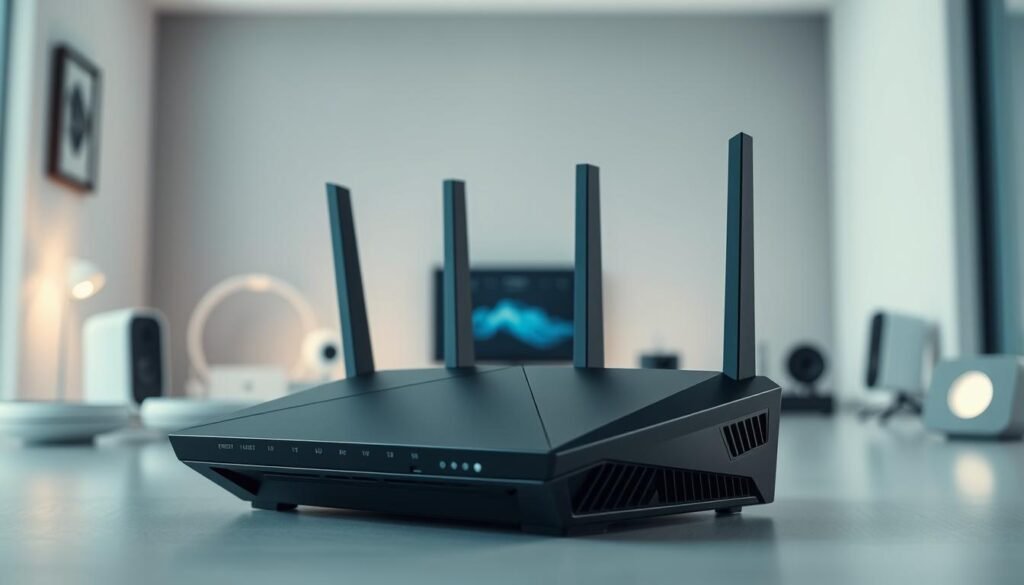 A sleek, professional-looking network router standing prominently in the foreground, its multiple Ethernet ports and wireless antennas clearly visible. The router is surrounded by a serene, minimalist environment, with a blurred background showcasing various smart home devices, conveying a sense of a well-secured, integrated home network. The lighting is soft and directional, highlighting the router's modern, angular design and giving the image a calm, authoritative atmosphere. The overall composition suggests the importance of the router as the gateway to a secure, reliable home network. A sleek, professional-looking network router standing prominently in the foreground, its multiple Ethernet ports and wireless antennas clearly visible. The router is surrounded by a serene, minimalist environment, with a blurred background showcasing various smart home devices, conveying a sense of a well-secured, integrated home network. The lighting is soft and directional, highlighting the router's modern, angular design and giving the image a calm, authoritative atmosphere. The overall composition suggests the importance of the router as the gateway to a secure, reliable home network.