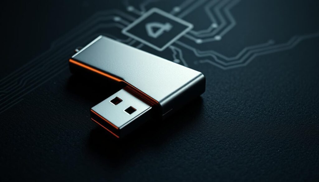 A sleek, silver USB flash drive lies on a dark, textured surface, its reflective surface catching the light. The drive appears to be both portable and secure, representing the modern risks and threats posed by removable media. In the background, a complex circuit board pattern symbolizes the underlying technological vulnerabilities that can enable the spread of autorun malware. The overall mood is one of cautious warning, highlighting the persistent importance of removable media security in the digital age.