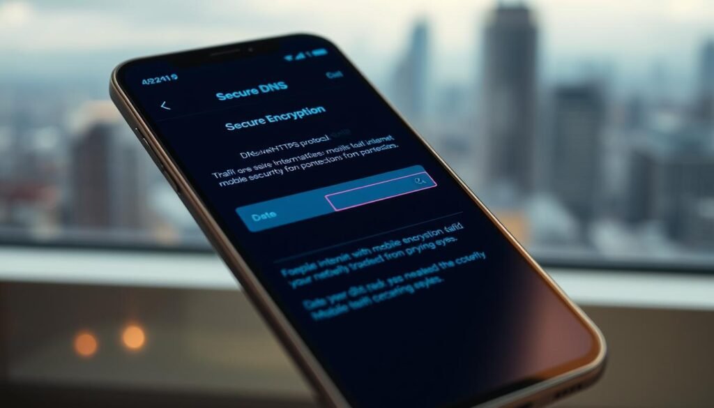 A sleek smartphone screen displays a secure DNS encryption setup interface, its interface elements meticulously crafted with clean lines and minimalist aesthetics. In the foreground, a simple yet intuitive configuration menu allows the user to toggle on DNS-over-HTTPS (DoH) protocol, ensuring their mobile internet traffic is encrypted and protected from prying eyes. The middle ground features a subtle visualization of data packets securely traversing network connections, represented by stylized data streams. The background showcases a blurred cityscape, hinting at the broader context of secure online privacy in an increasingly connected world. Soft, directional lighting emphasizes the display's clarity, creating a sense of reassurance and control over one's digital footprint.