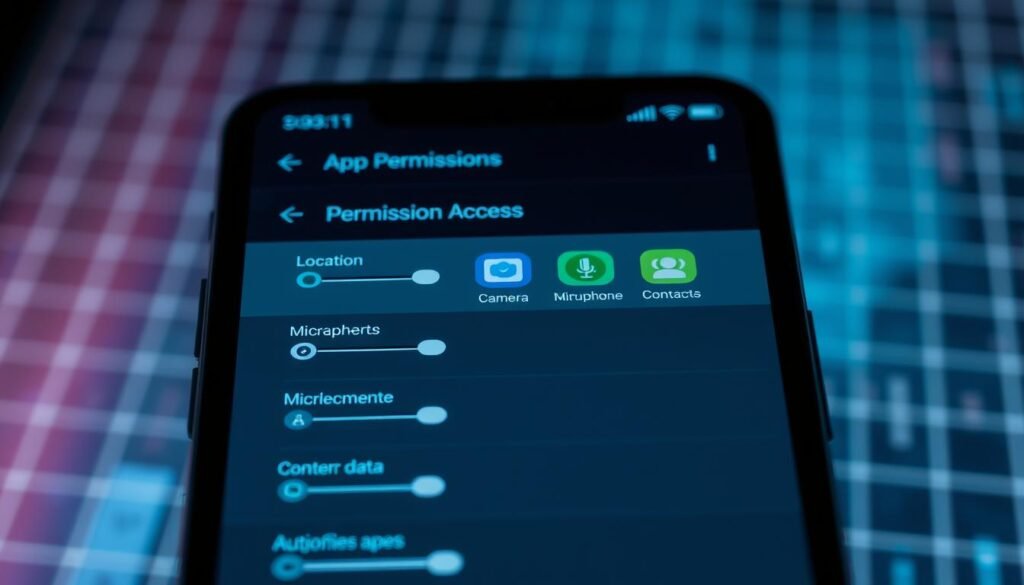A smartphone display showing a detailed permissions management interface. The foreground features a clean, minimalist UI with sliders and toggles to control access to various device features and data. The middle ground depicts vibrant icons representing different permission categories like location, camera, microphone, and contacts. The background has a blurred, atmospheric effect with subtle grid-like patterns, suggesting the technical complexity and importance of managing app permissions. Lighting is soft and directional, creating depth and highlighting the key interface elements. The overall mood is one of focus, control, and digital responsibility.