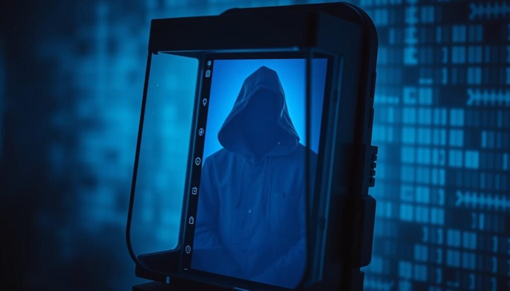 A smartphone encased in a metallic privacy shield, its screen reflecting a distorted, ominous silhouette. The device is bathed in a cool, blue-tinted lighting, casting an atmosphere of digital surveillance and vulnerability. The background is obscured by a hazy, indistinct pattern, suggesting the pervasive nature of digital threats. The image conveys a sense of unease and the need for robust privacy measures to protect one's personal communications.