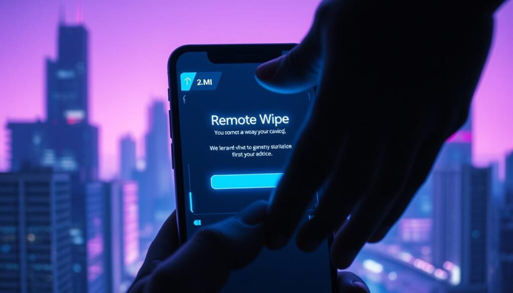 A smartphone screen displaying a remote wipe command, with a dark, futuristic interface and glowing digital elements. The device is partially obscured by a shadowy hand, evoking a sense of urgency and the need for security measures. The background features a minimalist cityscape, conveying the modern, interconnected nature of mobile technology. Bright blue and purple hues create a sleek, high-tech atmosphere, while dramatic lighting casts dynamic shadows, emphasizing the gravity of the remote wipe action. The overall composition should convey the importance of device security and the necessity of being prepared for loss or theft scenarios.
