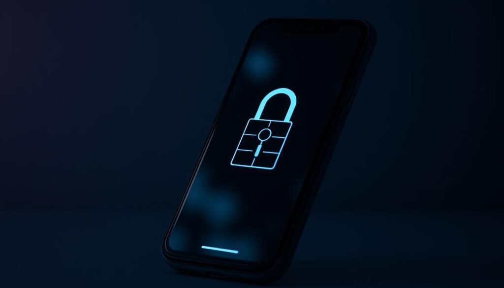 A smartphone screen displaying a secure lockscreen interface, illuminated by soft, ambient lighting. The lockscreen features a simple yet elegant unlock pattern, with subtle grid lines guiding the user's finger motions. The screen is set against a muted, blurred background, emphasizing the focus on access control. The composition is balanced, with the lockscreen centered and taking up a significant portion of the frame. The overall mood is one of sleek, modern minimalism, conveying a sense of safety and privacy.