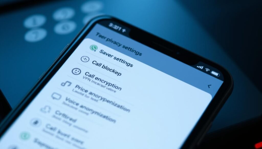 A smartphone screen displaying a settings menu with various options related to call privacy and security. The foreground shows the phone interface with intuitive icons for features like call blocking, VPN, encryption, and voice anonymization. The middle ground has a sleek, minimalist design with a muted color palette, emphasizing the seriousness of the topic. The background is slightly blurred, creating a sense of focus on the critical settings. The lighting is soft and diffused, creating a calming yet professional atmosphere. The camera angle is slightly tilted, giving the impression of an expert user navigating the settings to protect their calls from potential hackers.