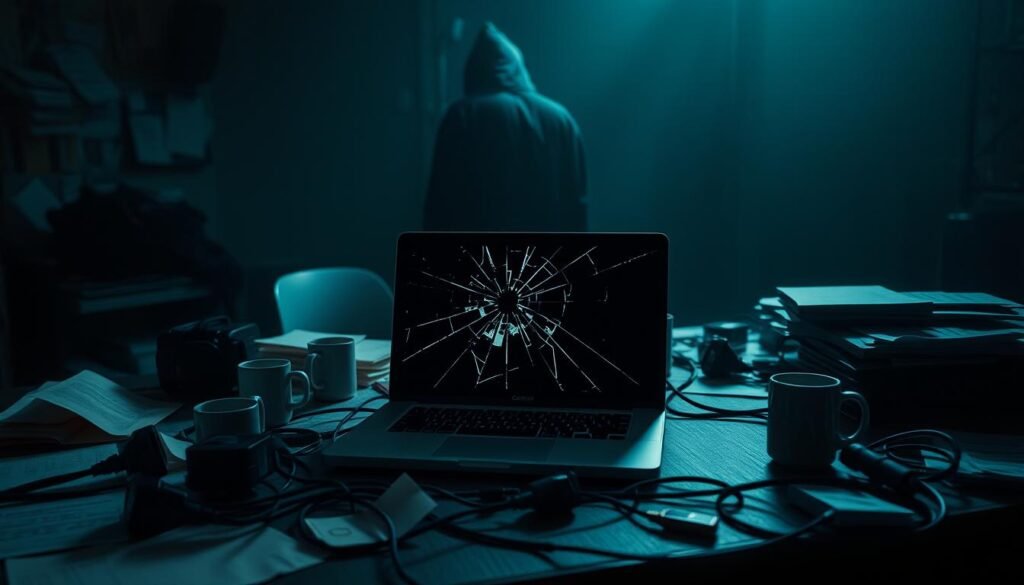 A solitary laptop sitting on a cluttered desk, its screen cracked and its casing dented, symbolizing the vulnerability of digital systems. Harsh, overhead lighting casts deep shadows, creating a tense, foreboding atmosphere. The desk is strewn with discarded papers, cables, and coffee mugs, conveying a sense of disarray and neglect. In the background, a shadowy figure looms, their presence hinting at the unseen forces that exploited the system's weaknesses. The image conveys the technical root causes and security control failures that led to the Equifax breach, a cautionary tale of the fragility of our digital infrastructure.