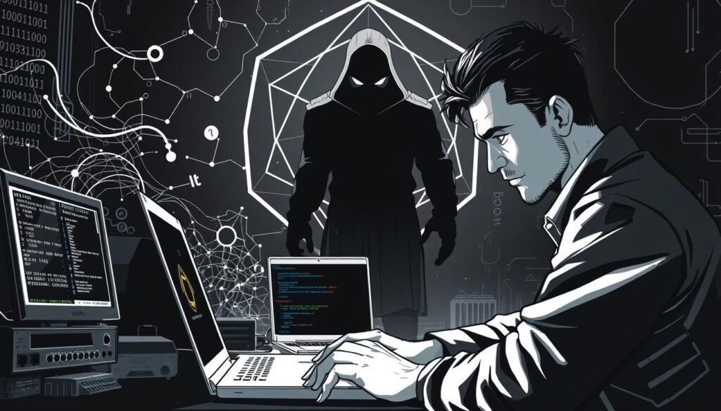 A somber and high-contrast illustration depicting the "Immediate containment playbook" for cryptojacking malware. In the foreground, a skilled security analyst examines a laptop screen, their expression focused and determined. Ethereal binary code and network graphs swirl around them, hinting at the intricacies of the malware investigation. The middle ground features various cybersecurity tools and hardware - a network switch, a Linux terminal, and a forensic hard drive - all conveying a sense of the technical process. In the background, an ominous shadowy figure representing the cryptojacking threat lurks, constrained by a geometric containment field, symbolizing the isolation and preservation of evidence. Dramatic lighting casts dramatic shadows, heightening the tense, high-stakes atmosphere.