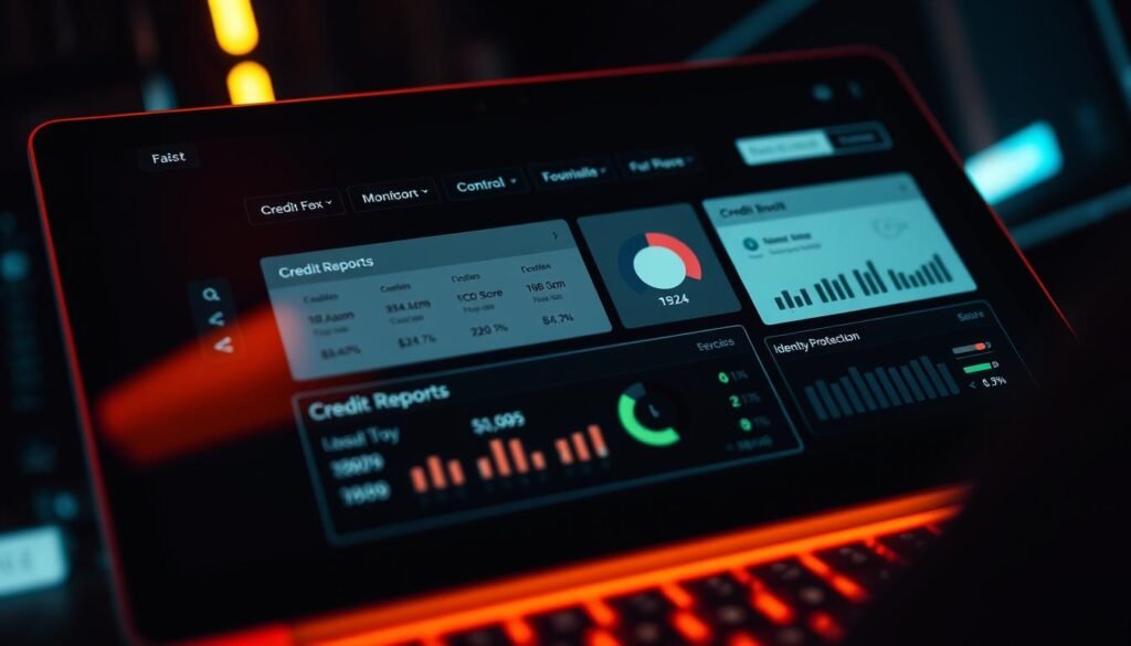 A sophisticated close-up view of a digital credit monitoring dashboard, illuminated by warm, directional lighting that casts subtle shadows. The interface displays a detailed breakdown of credit reports, FICO scores, and identity protection services against a sleek, minimalist design. The layout is intuitive and engaging, conveying a sense of control and security over one's financial wellbeing. The overall atmosphere is professional, trustworthy, and geared towards empowering the user to proactively manage their credit and safeguard against identity theft.