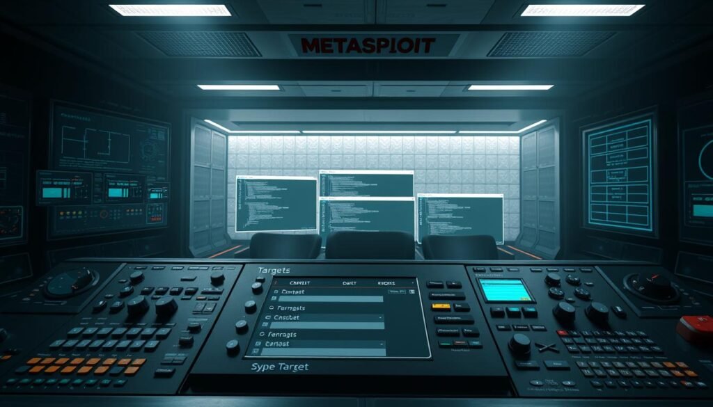 A sophisticated control panel with various toggles, sliders, and input fields. The foreground features a central configuration screen with a clear focus on "Targets" selection, surrounded by a myriad of options and parameters. The middle ground showcases a series of terminal windows, hinting at the technical underpinnings of the exploit setup. In the background, a sleek, minimalist design with subtle grid patterns and a muted color palette, creating a sense of precision and professionalism. Dramatic lighting casts dramatic shadows, emphasizing the gravity of the task at hand. The overall atmosphere exudes a balance of power and control, reflecting the careful preparation required for a successful Metasploit exploit. A sophisticated control panel with various toggles, sliders, and input fields. The foreground features a central configuration screen with a clear focus on "Targets" selection, surrounded by a myriad of options and parameters. The middle ground showcases a series of terminal windows, hinting at the technical underpinnings of the exploit setup. In the background, a sleek, minimalist design with subtle grid patterns and a muted color palette, creating a sense of precision and professionalism. Dramatic lighting casts dramatic shadows, emphasizing the gravity of the task at hand. The overall atmosphere exudes a balance of power and control, reflecting the careful preparation required for a successful Metasploit exploit.
