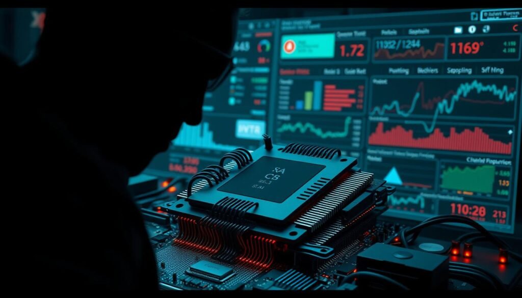 A sophisticated cyberattack visualization depicting the intricate workings of cryptojacking malware. In the foreground, a looming digital silhouette representing the malicious actor, their presence casting an ominous shadow over a detailed 3D rendering of a computer processor. The middle ground showcases the insidious process of hijacking computing power, with tendrils of code snaking through the circuitry, siphoning resources. In the background, a data visualization dashboard displays real-time metrics, graphs, and alerts highlighting the strain on system performance. The overall mood is one of technical complexity, digital intrusion, and the urgent need to detect and mitigate this stealthy threat.