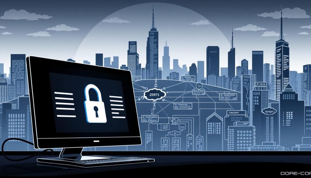 A sophisticated, monochromatic illustration showcasing the key elements of application whitelisting in a zero-trust security architecture. In the foreground, a sleek corporate desktop computer displays a secure access portal, guarded by a gatekeeper icon representing the whitelisting process. The middle ground features a network diagram with encrypted data flows and access control policies, conveying the zero-trust principles. In the background, a cityscape skyline symbolizes the modern, distributed enterprise environment protected by this approach. The scene is illuminated by cool, technical lighting, creating a sense of precision and reliability.