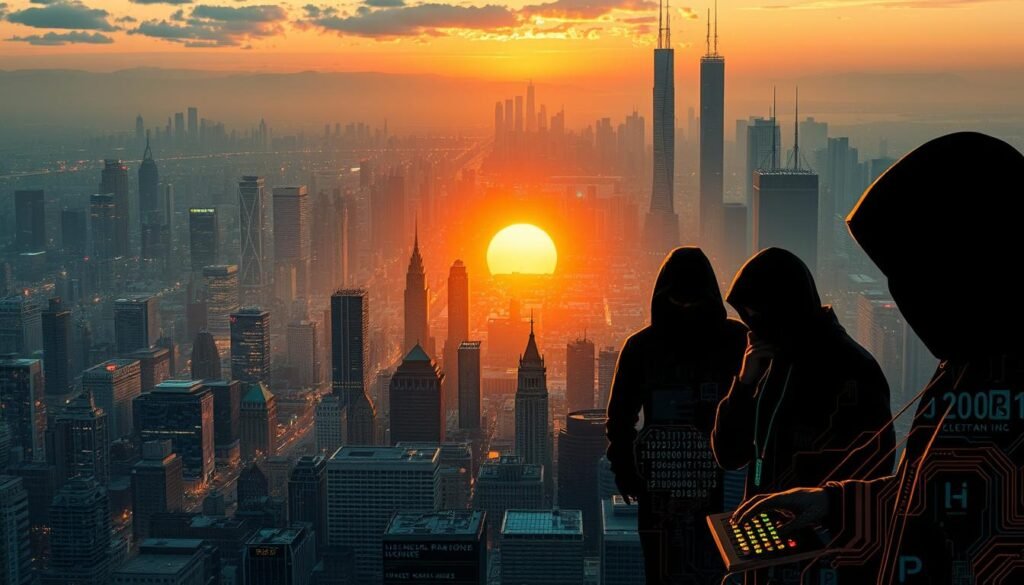 A sprawling cityscape bathed in the warm glow of a setting sun, the backdrop for a timeline of technological advancements. In the foreground, a collage of iconic hacking tools and devices - keyboards, circuit boards, glowing screens - juxtaposed against the silhouettes of shadowy figures, their faces obscured, representing the evolution from curious tinkerers to sophisticated cybercriminals. The middle ground features a matrix of data streams, binary codes, and interconnected networks, symbolizing the growing complexity and scale of the digital landscape. Looming in the background, towering skyscrapers and futuristic architecture hint at the rapid pace of technological progress and the challenges that lie ahead for hackers, both benevolent and malicious. A sprawling cityscape bathed in the warm glow of a setting sun, the backdrop for a timeline of technological advancements. In the foreground, a collage of iconic hacking tools and devices - keyboards, circuit boards, glowing screens - juxtaposed against the silhouettes of shadowy figures, their faces obscured, representing the evolution from curious tinkerers to sophisticated cybercriminals. The middle ground features a matrix of data streams, binary codes, and interconnected networks, symbolizing the growing complexity and scale of the digital landscape. Looming in the background, towering skyscrapers and futuristic architecture hint at the rapid pace of technological progress and the challenges that lie ahead for hackers, both benevolent and malicious.