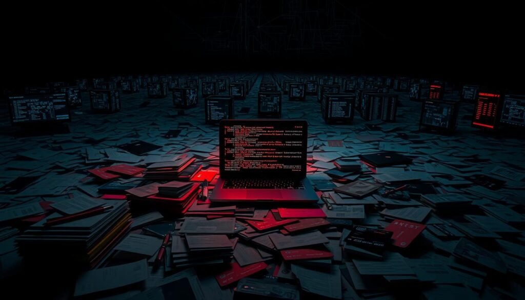 A sprawling collage of personal information, spanning a shadowy backdrop. In the foreground, a stack of documents, credit cards, and ID cards, meticulously arranged to convey the breadth of the breach. The middle ground features a glowing laptop screen, displaying fragmented data and a haunting array of personal details. In the distance, a maze of interconnected networks and databases, hinting at the vast scope of the compromise. The scene is illuminated by a dramatic chiaroscuro lighting, casting an ominous tone and emphasizing the gravity of the situation. The overall composition conveys a sense of violation and the unsettling reality that no one was spared from the Equifax catastrophe.