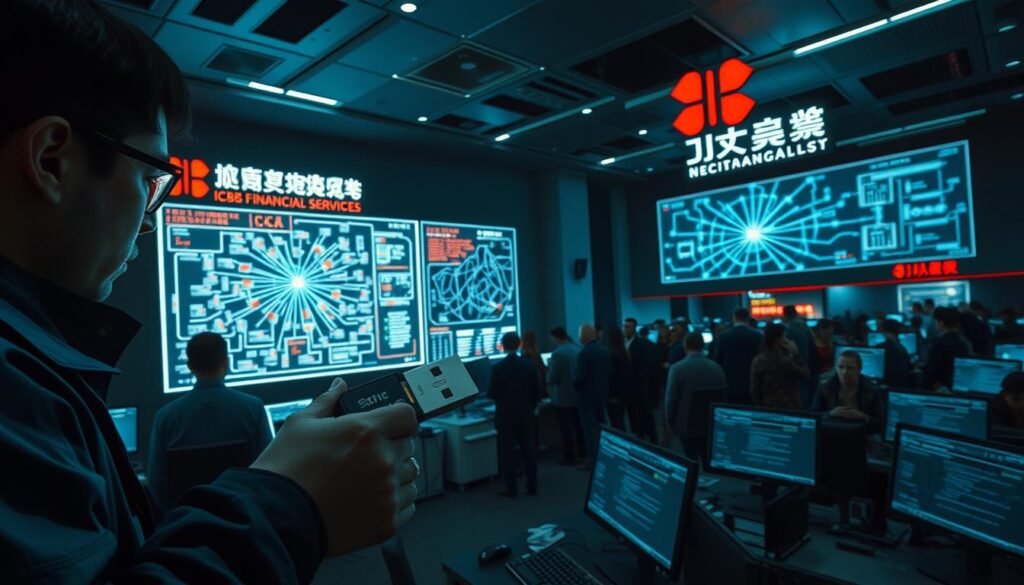 A sprawling cybersecurity incident unfolds at the headquarters of ICBC Financial Services. In the foreground, a team of cybersecurity experts examines a USB drive, the suspected entry point for the attack. The middle ground depicts a network diagram displayed on a large monitor, visualizing the breach's scale and impact. In the background, a somber crowd of executives and customers gathers, conveying the gravity of the situation. The scene is lit by the glow of computer screens, casting an eerie, tense atmosphere. The camera angle is slightly elevated, providing a comprehensive view of the unfolding crisis. The image captures the technical details and human impact of the ICBC cyberattack, a cautionary tale of the vulnerabilities that even major financial institutions face.