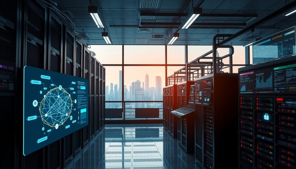 A sprawling data center, its servers and racks bathed in the soft glow of status lights. In the foreground, a network diagram projected onto a sleek touchscreen display, visualizing the flow of encrypted data. The middle ground reveals an array of security monitoring screens, with dynamic graphs and alerts tracking threat levels. In the background, a futuristic city skyline seen through floor-to-ceiling windows, hinting at the global reach of this secure digital infrastructure. Crisp lighting from overhead fixtures and a cool, professional color palette convey an atmosphere of technological sophistication and uncompromising protection.